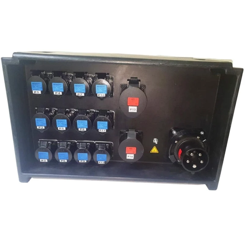 QUADRO CORRENTE POWERBOX SPINA 63A PENTAPOLARE TRIFASE 12 PRESE CEE 16A MONOFASE + 2 32A 5P 3 SPIE VOLTOMETRO AMPEROMETRO EMERGENZA