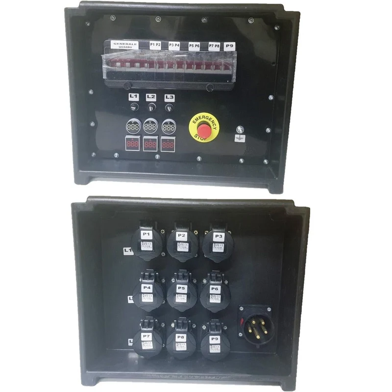 QUADRO CORRENTE POWERBOX SPINA 32A PENTAPOLARE TRIFASE 9 PRESE CEE 16A MONOFASE 3 SPIE VOLTOMETRO AMPEROMETRO EMERGENZA