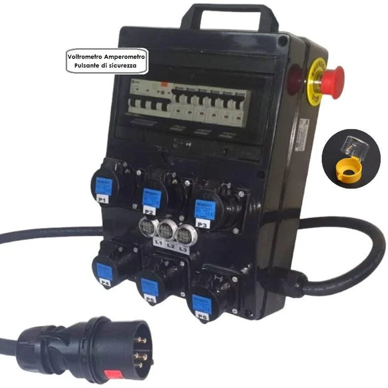 QUADRO CORRENTE POWERBOX SPINA 32A TRIFASE 6 PRESE CEE 16A MONOFASE 3 SPIE VOLTOMETRO AMPEROMETRO EMERGENZA 2MT. CAVO 5G6MM2
