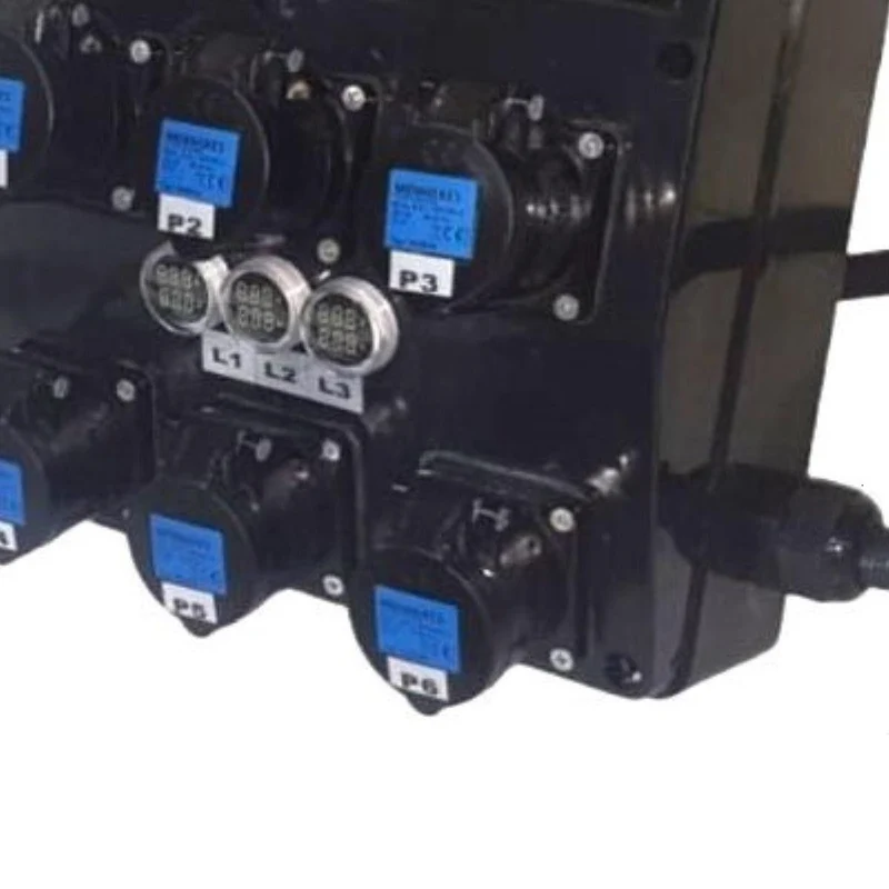 QUADRO CORRENTE POWERBOX SPINA 32A TRIFASE 6 PRESE CEE 16A MONOFASE 3 SPIE VOLTOMETRO AMPEROMETRO EMERGENZA 2MT. CAVO 5G6MM2