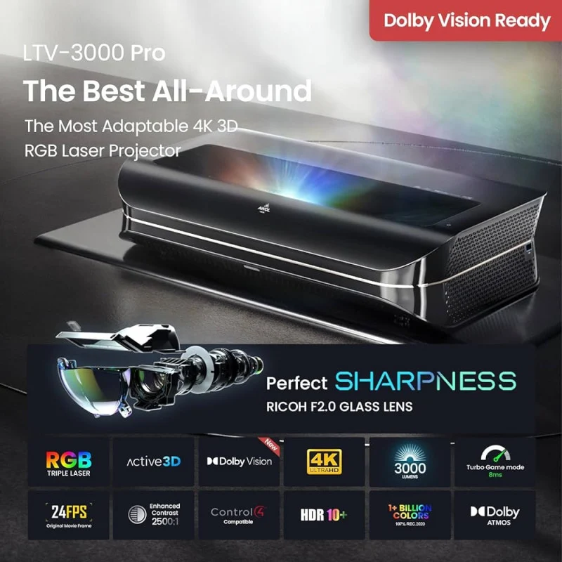 AWOL VISION LTV-3000 Proiettore Triple Ultra Short Throw 4K, 3000lm, Dolby Vision & Atmos, HDR10+, schermo TV laser UST da 150" per il Home Theater