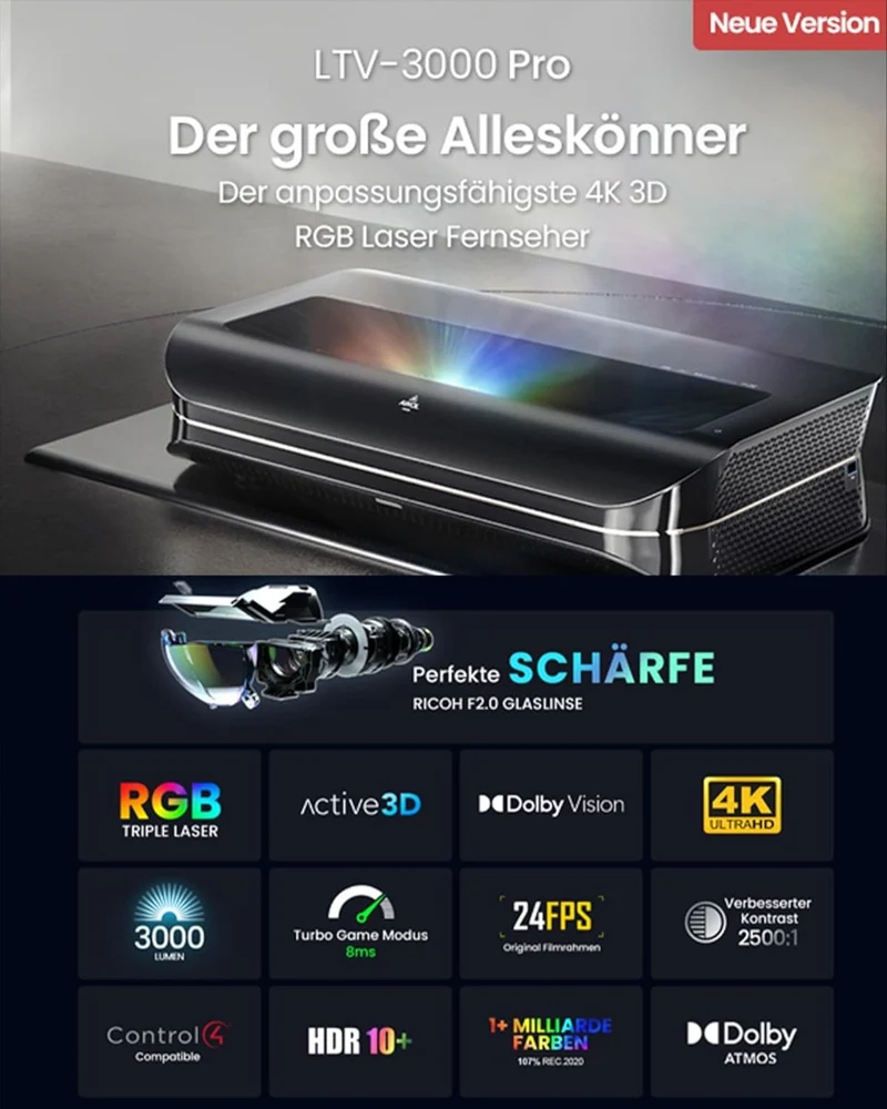 AWOL VISION LTV-3000 Proiettore Triple Ultra Short Throw 4K, 3000lm, Dolby Vision & Atmos, HDR10+, schermo TV laser UST da 150" per il Home Theater