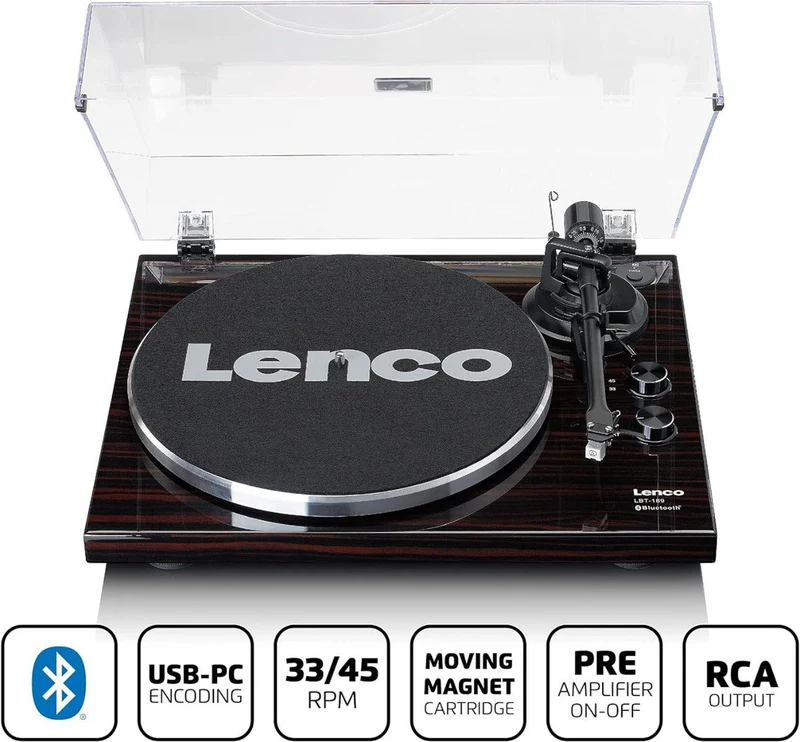 Lenco LBT-189 Giradischi slim con Bluetooth, Piatto in alluminio da 300mm, Porta USB per connessione a PC