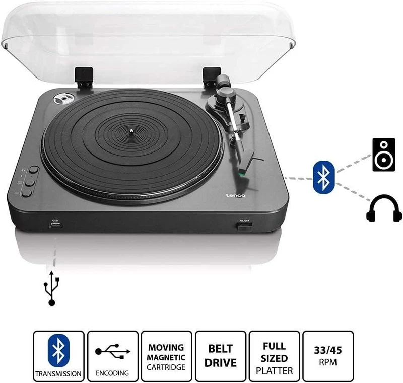 LENCO LBT-120BK Giradischi con Bluetooth e Porta USB per connessione a PC