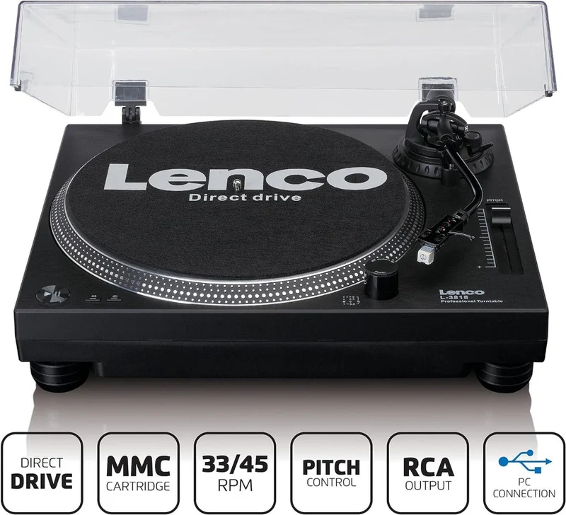 Lenco L-3818BK Giradischi a trazione diretta con uscita USB, Registrazione del disco in vinile tramite PC