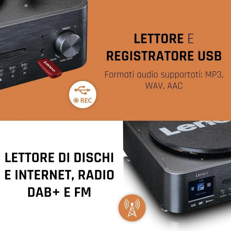 Lenco MC-460 Sistema all-in-one Giradischi con trazione a cinghia, Lettore CD, MP3 Smart internet radio, DAB+,FM Bluetooth 5.0