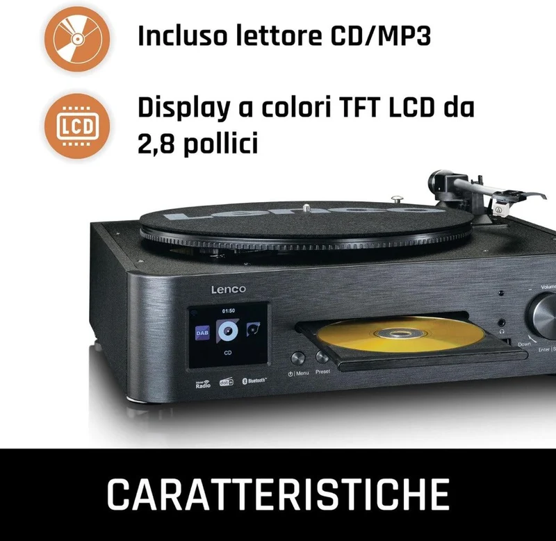 Lenco MC-460 Sistema all-in-one Giradischi con trazione a cinghia, Lettore CD, MP3 Smart internet radio, DAB+,FM Bluetooth 5.0