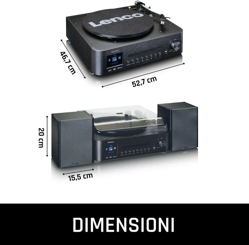 Lenco MC-460 Sistema all-in-one Giradischi con trazione a cinghia, Lettore CD, MP3 Smart internet radio, DAB+,FM Bluetooth 5.0