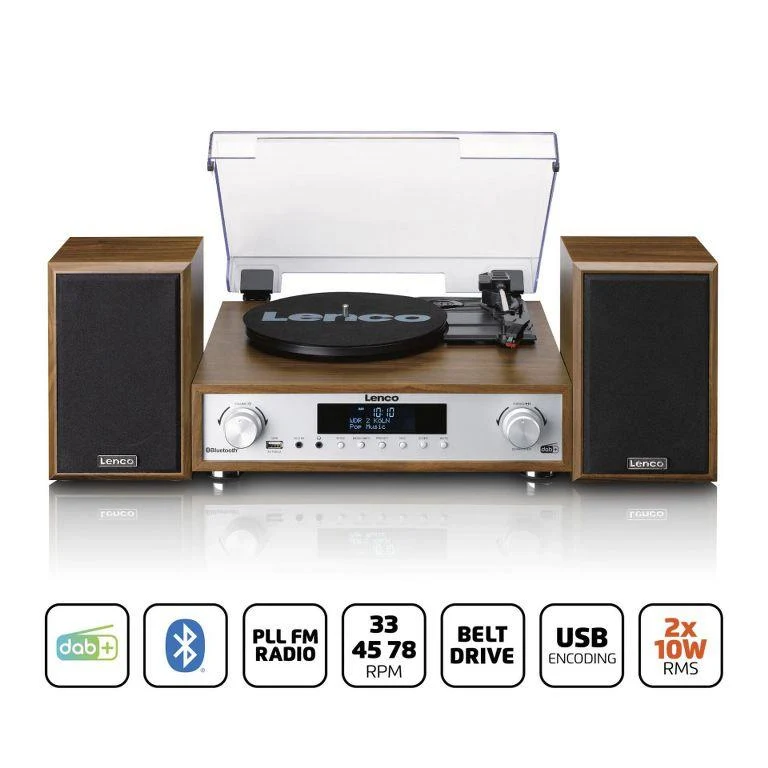 Lenco MC-160WD Sistema all-in-one Giradischi con trazione a cinghia, Radio DAB+,FM Bluetooth 5.0