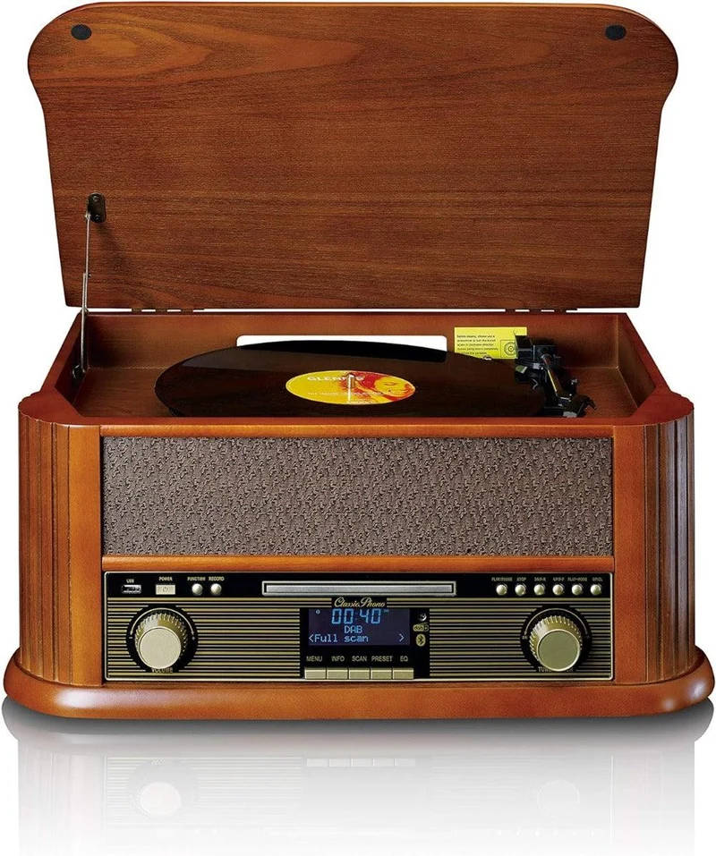 Lenco TCD-2570 Giradischi in legno, connessione USB, Radio e DAB+, Lettore di cassette e CD, Bluetooth, 2 altoparlanti integrati
