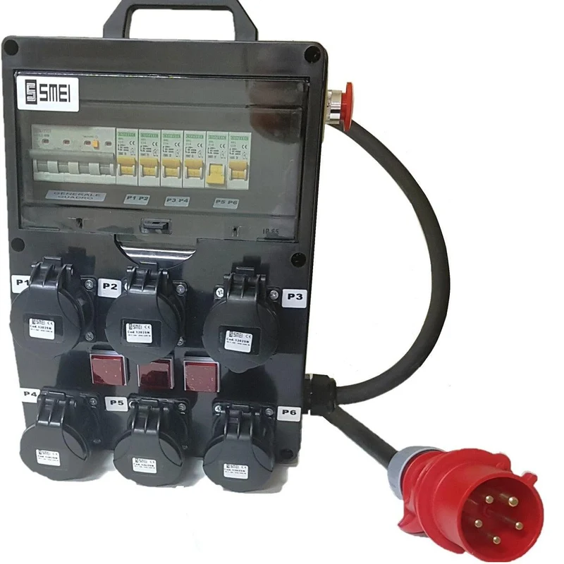 QUADRO CORRENTE POWERBOX SPINA 32A TRIFASE 6 PRESE CEE 16A MONOFASE 3 SPIE VOLTOMETRO AMPEROMETRO EMERGENZA 2MT.CAVO 5G6MM2