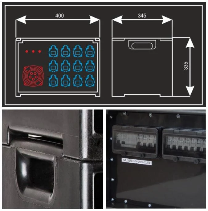 POWER-BOX CUBO SPIE RETE INGRESSO SPINA 32A MASCHIO 5P USCITE 6 PRESE CEE 16A 2P+ 3 SCHUKO 16A + 32A 5P LOOP