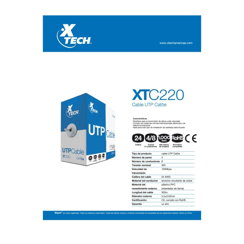 Xtech Cable de Interconexión Interiores, Rollo de 305 M, UTP, Cat5e, (XTC-220)