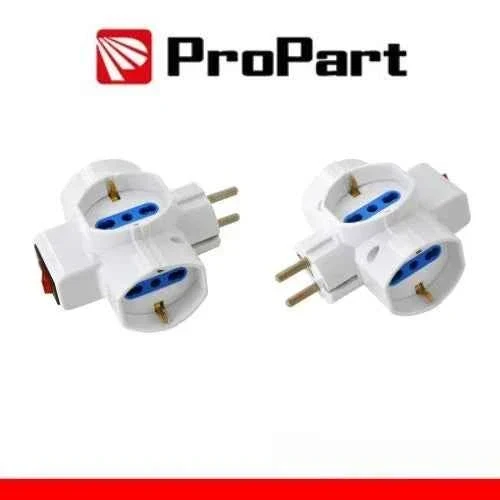 Adattatore 3 prese 2P+T 10/16A bipasso/Schuko con interrutt. Spina Schuko