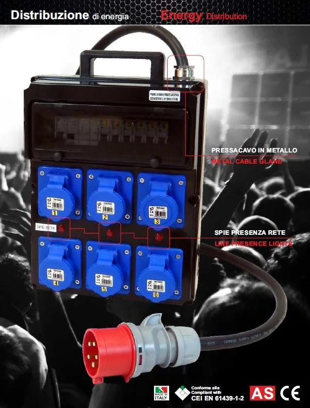 QUADRO CORRENTE POWERBOX POLICARBONATO PRESSACAVO METALLO SPIE RETE DA SPINA 32A MASCHIO 5P A 6 PRESE CEE 16A 2P+T FEMMINA
