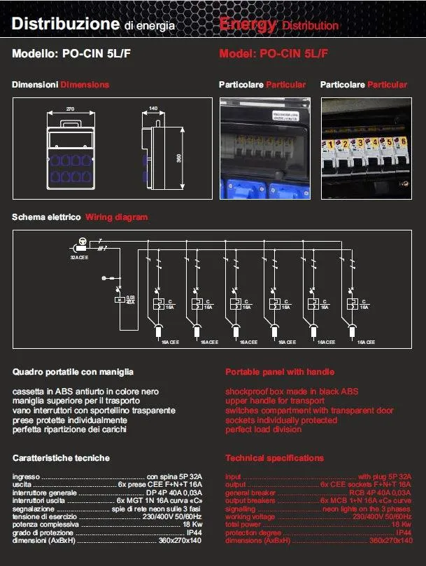 QUADRO CORRENTE POWERBOX POLICARBONATO PRESSACAVO METALLO SPIE RETE DA SPINA 32A MASCHIO 5P A 6 PRESE CEE 16A 2P+T FEMMINA