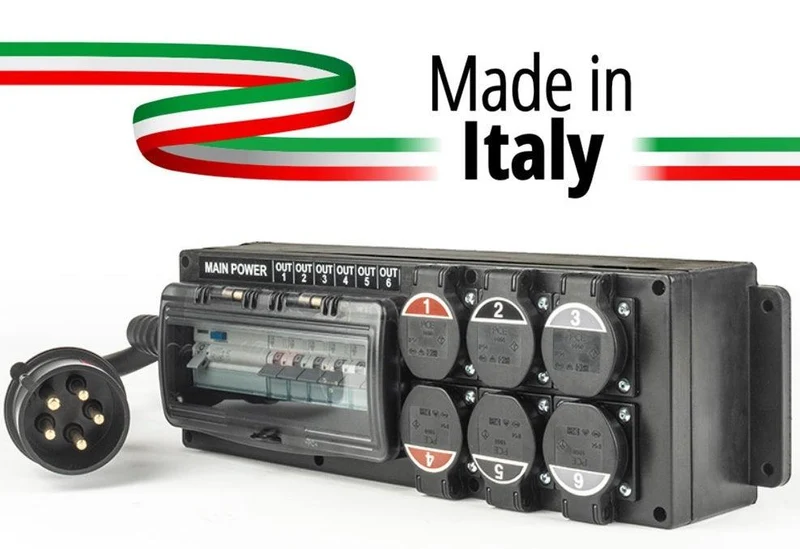 POWER-BOX SPINA 32A 5P 3P+N+T IN MASCHIO 6 USCITE PRESA SCHUKO 16A 3P IP54 - DOPPIA PROTEZIONE RCCB 40A + 6 MCB