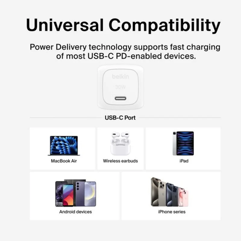 Belkin Cargador de Pared con Cable USB-C 30 W, WCA008DQ1MWH-B6