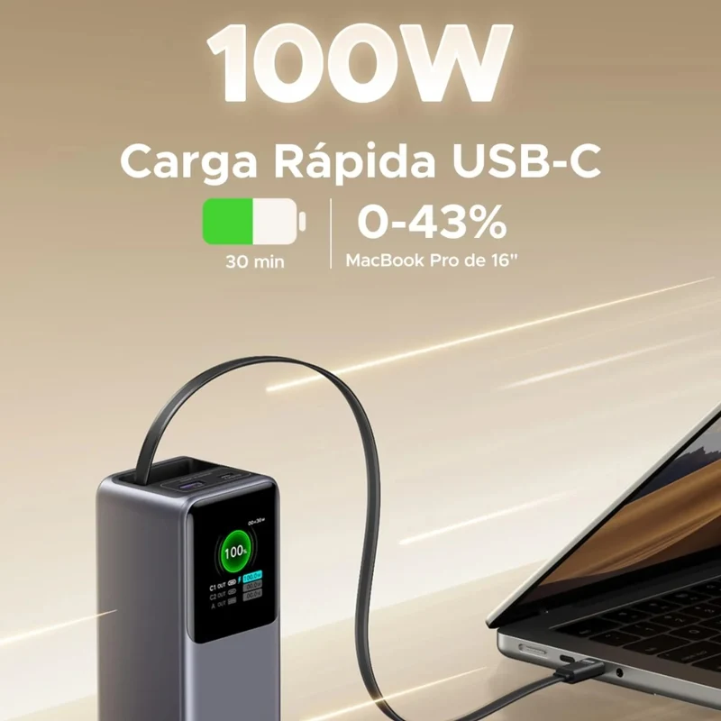 Ugreen Power Bank Batería Externa Carga Rápida USB C/USB A Retráctil 20,000 mAh 165W, 55987B