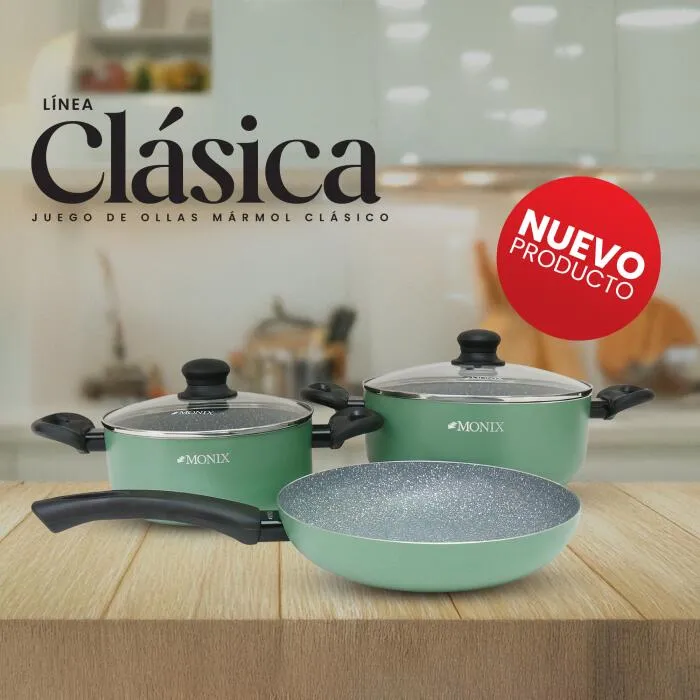 Monix Juego de Ollas Clásica Mármol Verde, 5 Piezas