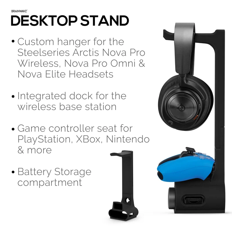 Supporto per cuffie e controller di gioco progettato per le cuffie Steelseries Arctis Nova Pro Wireless, Nova Pro Omni e Nova Elite con dock per la stazione base wireless.