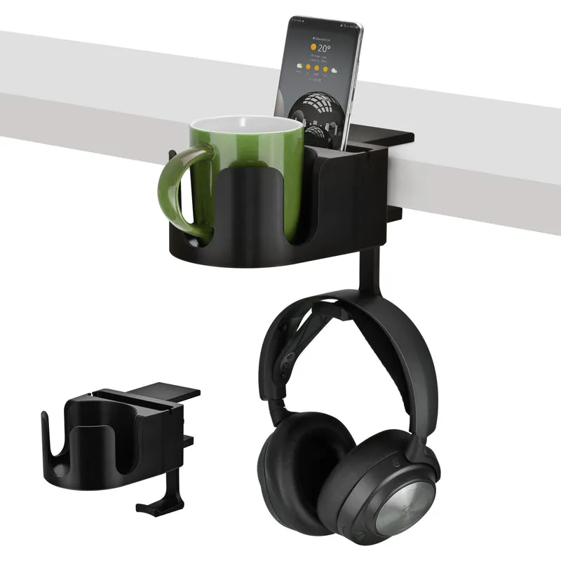 Desk Cup Holder na may Headphone Hanger at Telepono, Panulat at Stationery Holder - Adjustable Clamp, Nakakabit sa mga Mesa at Mesa, May hawak na Mug at Cup na hanggang 10cm ang Diameter