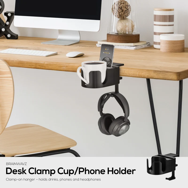 Desk Cup Holder na may Headphone Hanger at Telepono, Panulat at Stationery Holder - Adjustable Clamp, Nakakabit sa mga Mesa at Mesa, May hawak na Mug at Cup na hanggang 10cm ang Diameter