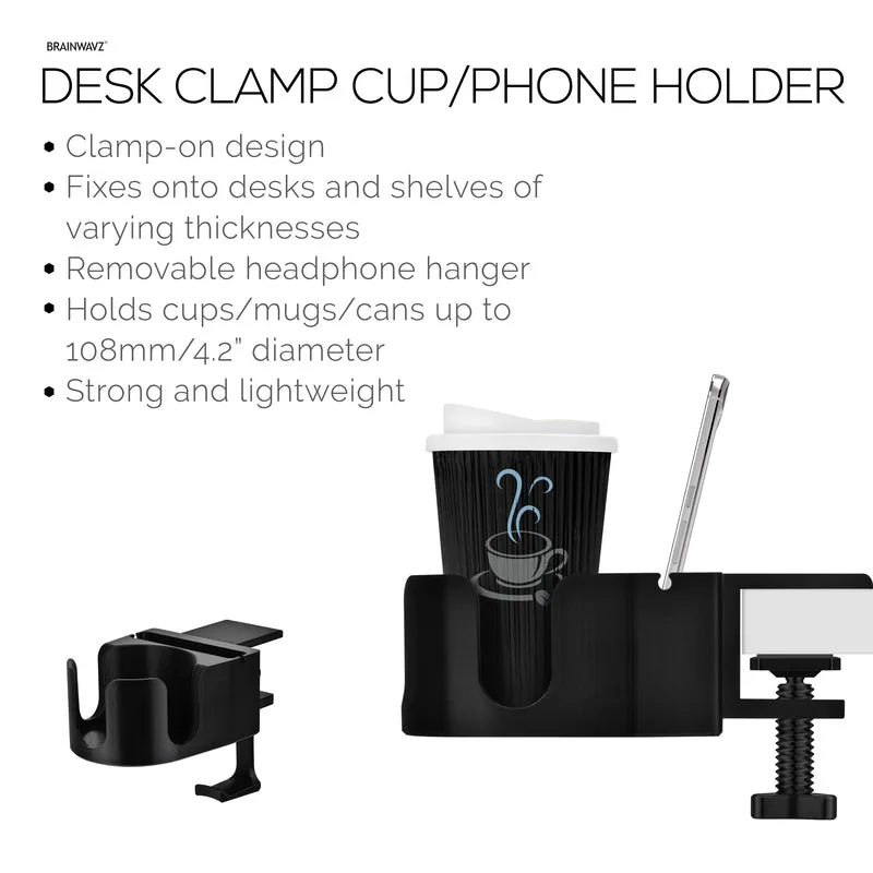 Desk Cup Holder na may Headphone Hanger at Telepono, Panulat at Stationery Holder - Adjustable Clamp, Nakakabit sa mga Mesa at Mesa, May hawak na Mug at Cup na hanggang 10cm ang Diameter