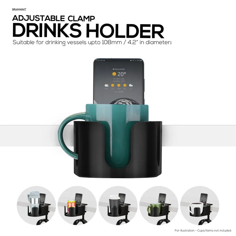 Desk Cup Holder na may Headphone Hanger at Telepono, Panulat at Stationery Holder - Adjustable Clamp, Nakakabit sa mga Mesa at Mesa, May hawak na Mug at Cup na hanggang 10cm ang Diameter