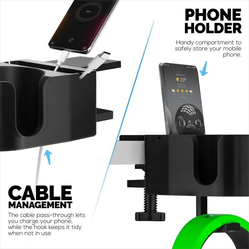 Desk Cup Holder na may Headphone Hanger at Telepono, Panulat at Stationery Holder - Adjustable Clamp, Nakakabit sa mga Mesa at Mesa, May hawak na Mug at Cup na hanggang 10cm ang Diameter