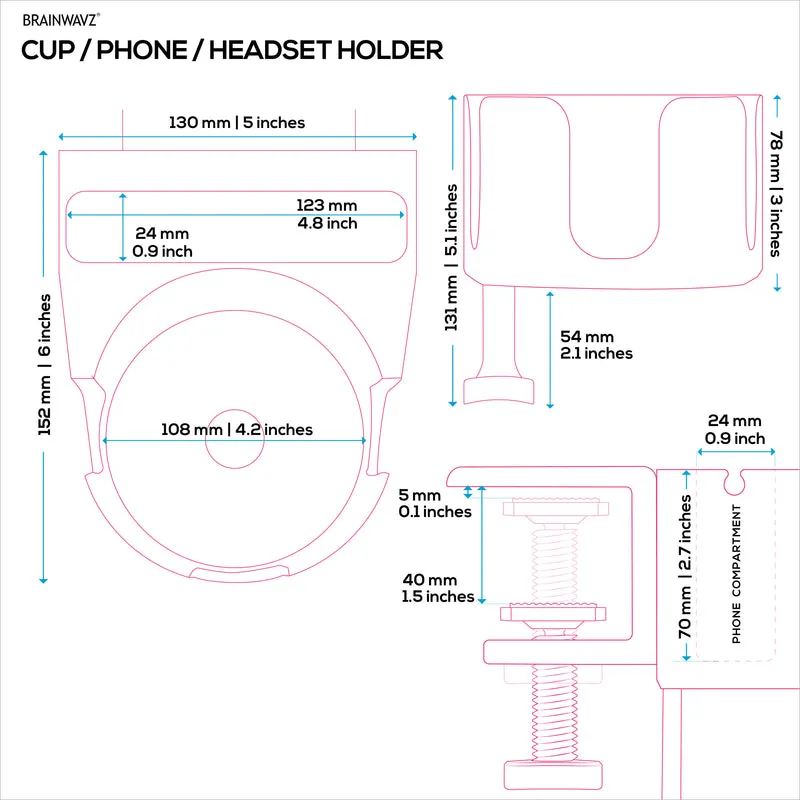 Desk Cup Holder na may Headphone Hanger at Telepono, Panulat at Stationery Holder - Adjustable Clamp, Nakakabit sa mga Mesa at Mesa, May hawak na Mug at Cup na hanggang 10cm ang Diameter