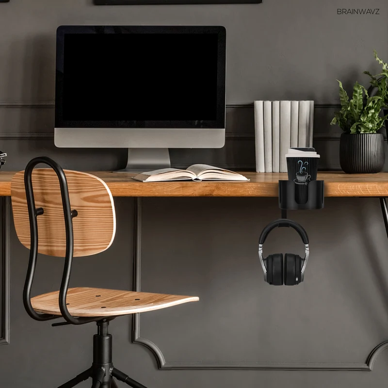 Desk Cup Holder na may Headphone Hanger at Telepono, Panulat at Stationery Holder - Adjustable Clamp, Nakakabit sa mga Mesa at Mesa, May hawak na Mug at Cup na hanggang 10cm ang Diameter