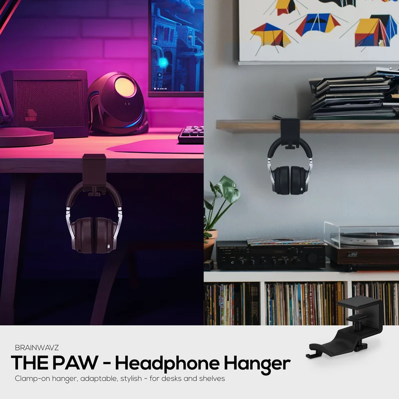 Brainwavz Paw - Under Desk Headphone Hanger Stand, Screw In Place, Madaling I-install gamit ang Adjustable Mounting Clamp, Angkop para sa Lahat ng Headset