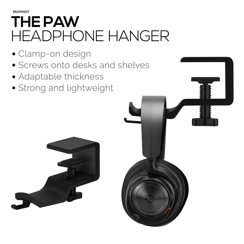 Brainwavz Paw - Under Desk Headphone Hanger Stand, Screw In Place, Madaling I-install gamit ang Adjustable Mounting Clamp, Angkop para sa Lahat ng Headset