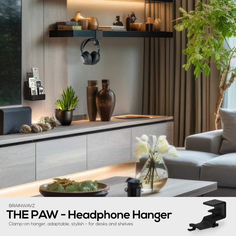 Brainwavz Paw - Under Desk Headphone Hanger Stand, Screw In Place, Madaling I-install gamit ang Adjustable Mounting Clamp, Angkop para sa Lahat ng Headset