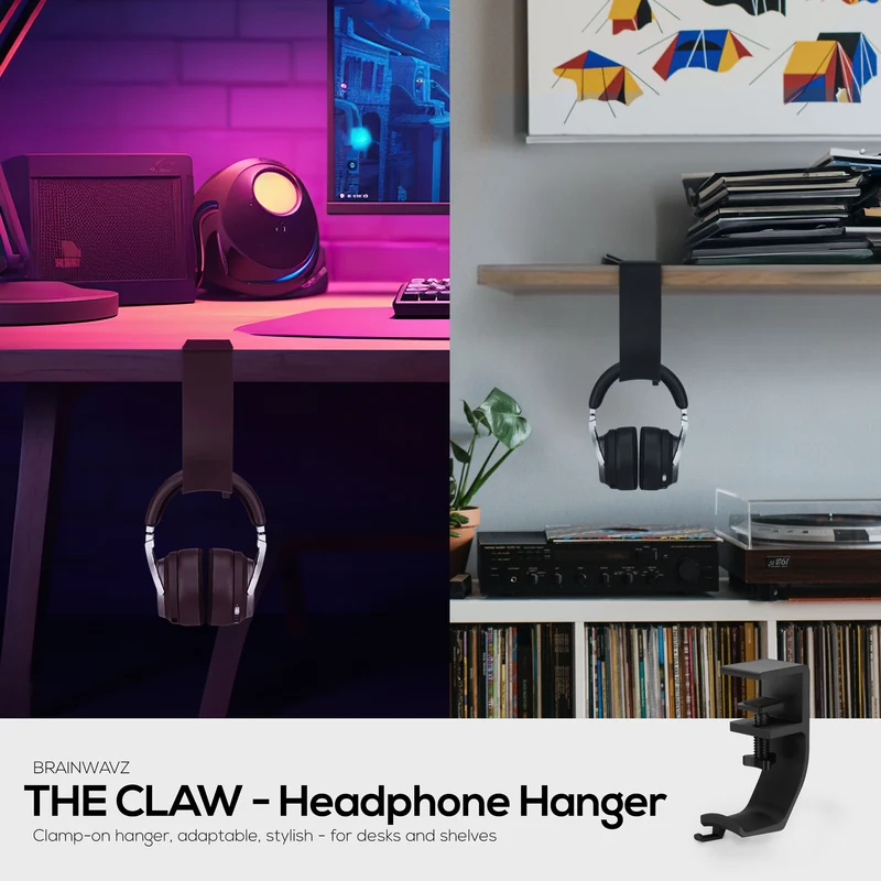 Brainwavz Claw - Under Desk Headphone Hanger Stand, Screw in Place, Madaling I-install na may Adjustable Mounting Clamp, Angkop para sa Lahat ng Headset