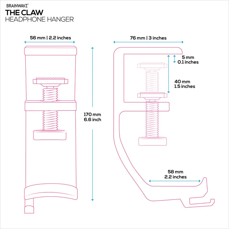 Brainwavz Claw - Under Desk Headphone Hanger Stand, Screw in Place, Madaling I-install na may Adjustable Mounting Clamp, Angkop para sa Lahat ng Headset