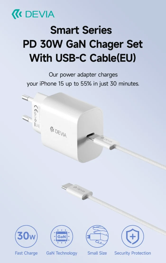 CARICABATTERIE RAPIDO PD 30W GAN CON CAVO TYPE-C DEVIA
