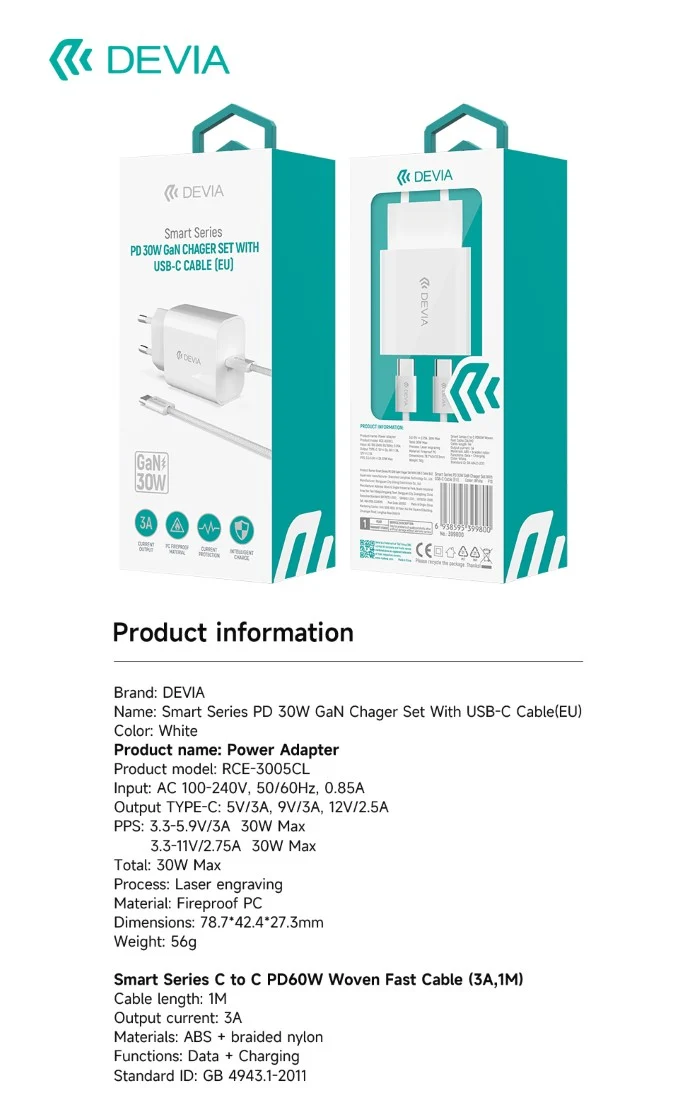 CARICABATTERIE RAPIDO PD 30W GAN CON CAVO TYPE-C DEVIA