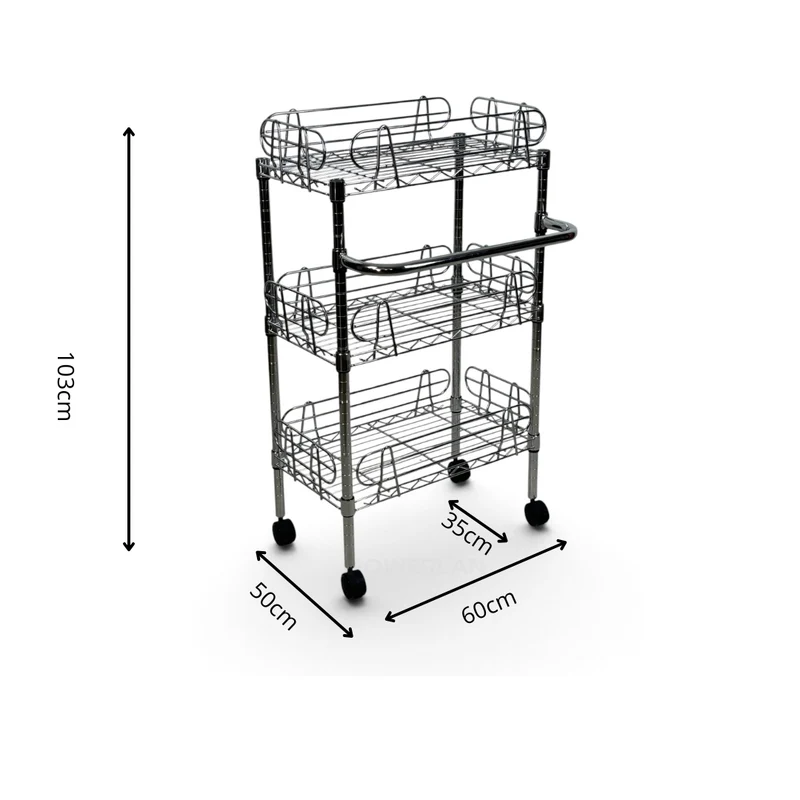 Carrello Metallika con Ruote – 3 Ripiani Grigliati con Sponde Anticaduta Rimovibili