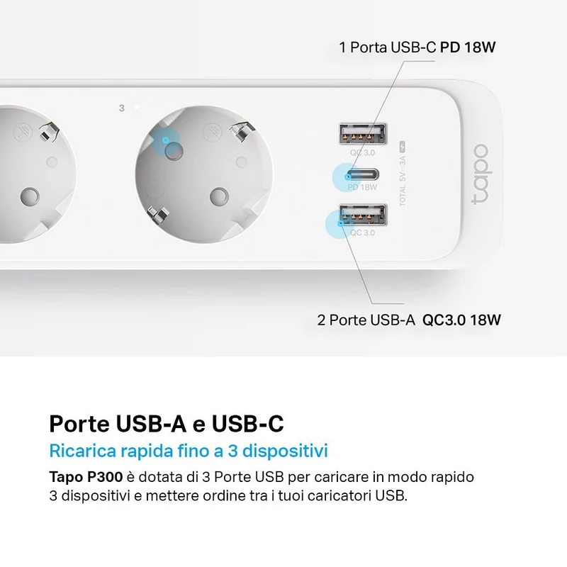 Tapo P300 Ciabatta Smart WiFi 3 Prese Controllo Separato USB 18W Alexa