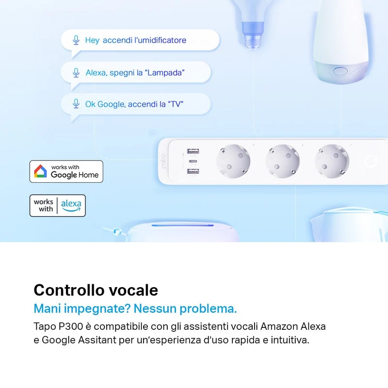 Tapo P300 Ciabatta Smart WiFi 3 Prese Controllo Separato USB 18W Alexa