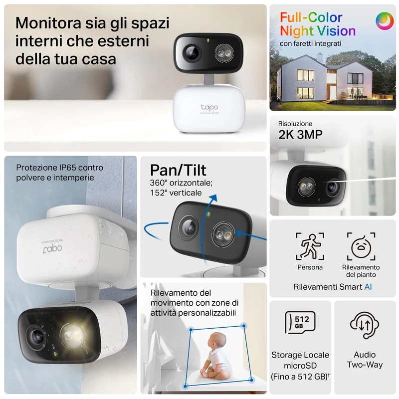 Tapo C236 Telecamera WiFi Esterno/Interno 3K 5MP, Visione a Colori, 360° PTZ