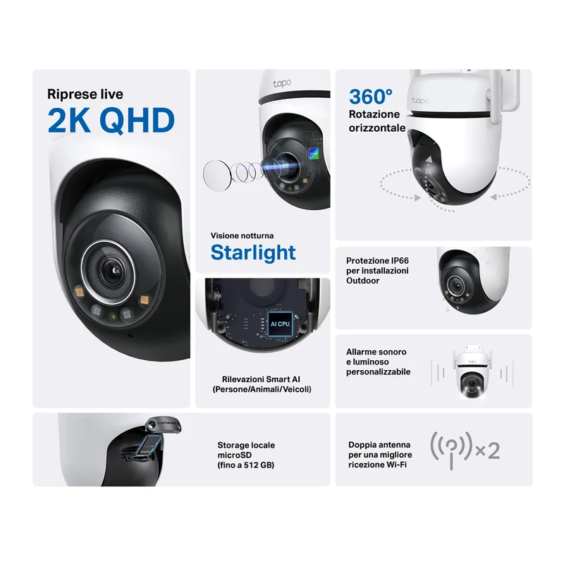 Tapo C520WS Telecamera WiFi Esterno 2K 4MP, Starlight, 360° PTZ, WiFi/Ethernet