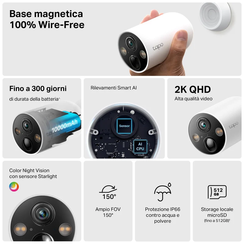 Tapo C425 Telecamera WiFi Esterno 2K 4MP Batteria, Base Magnetica, 4pz