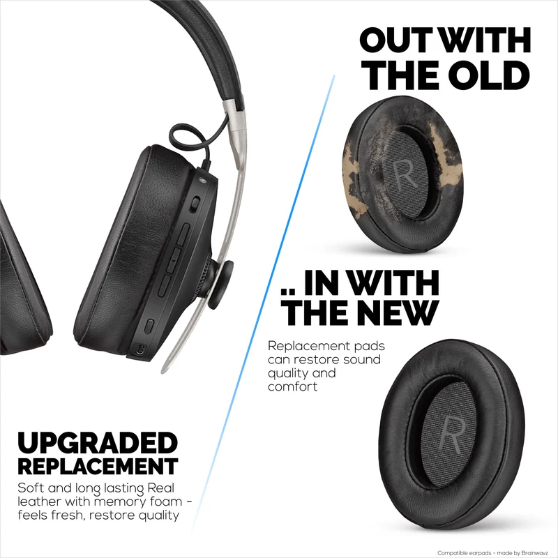 Cuscinetti auricolari di ricambio per cuffie Sennheiser Momentum 3 - Vera pelle morbida + schiuma memory per un comfort extra