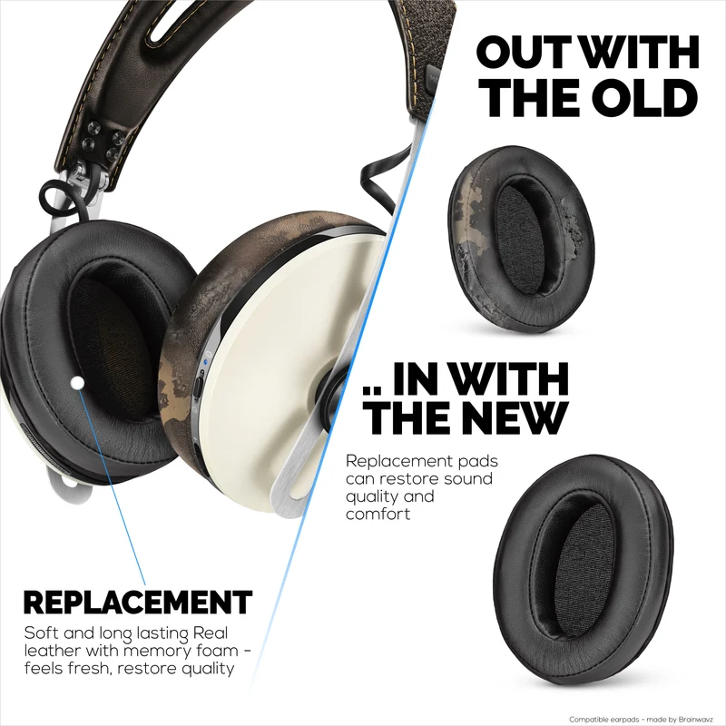 Cuscinetti auricolari di ricambio per cuffie Sennheiser Momentum 2 - Vera pelle morbida + schiuma memory per un comfort extra