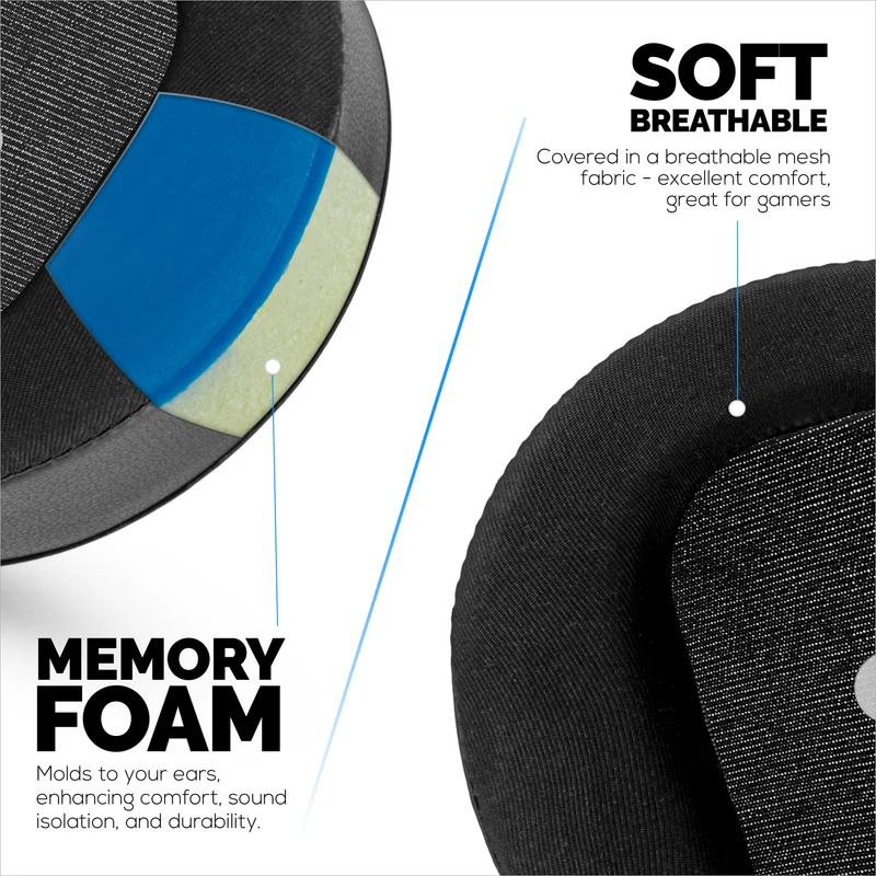 Cuscinetti auricolari angolati di ricambio ibridi per cuffie Audeze Maxwell (GEN 1), in gel morbido, tessuto traspirante setoso con inserti in pelle PU e memory foam.