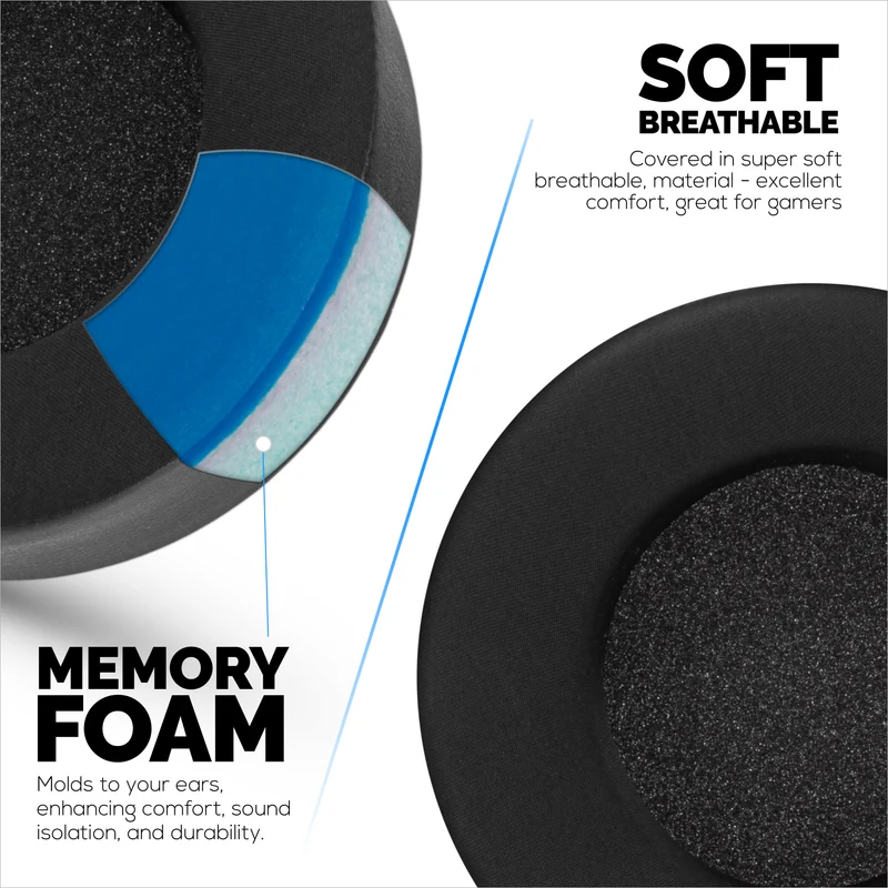 Cuscinetti auricolari di ricambio ibridi per cuffie cablate Corsair Virtuoso PRO, in gel morbido, tessuto traspirante con inserti in similpelle e memory foam.