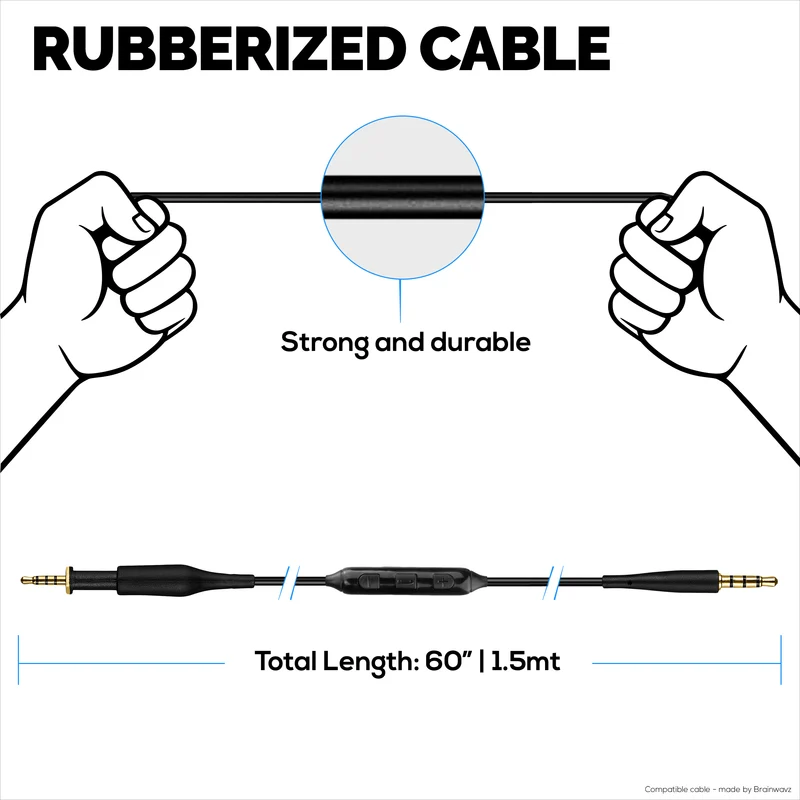 Kapalit na Audio Cable Compatible sa AKG K430 K450 K451 K452 K480 & Q460 – In-Line Remote na may Mic, Volume, Play/Pause – 1.5m/60”
